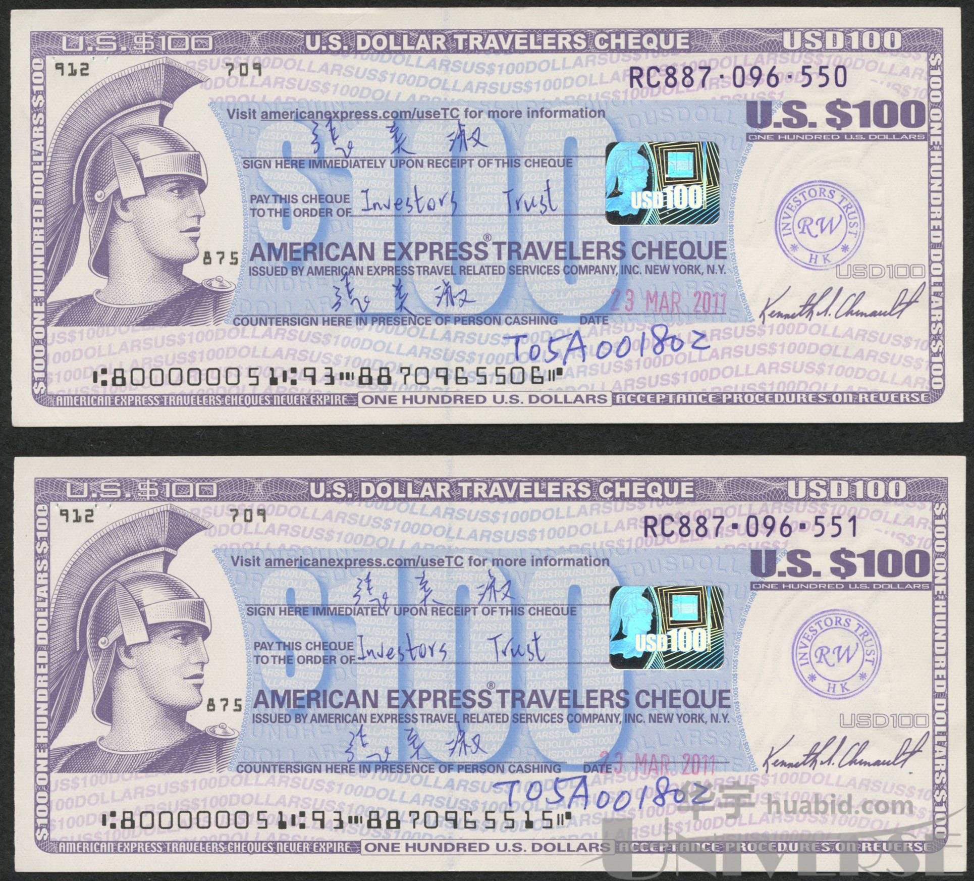 2011年美国运通旅行支票100美元二枚,连号(887096550,887096551)