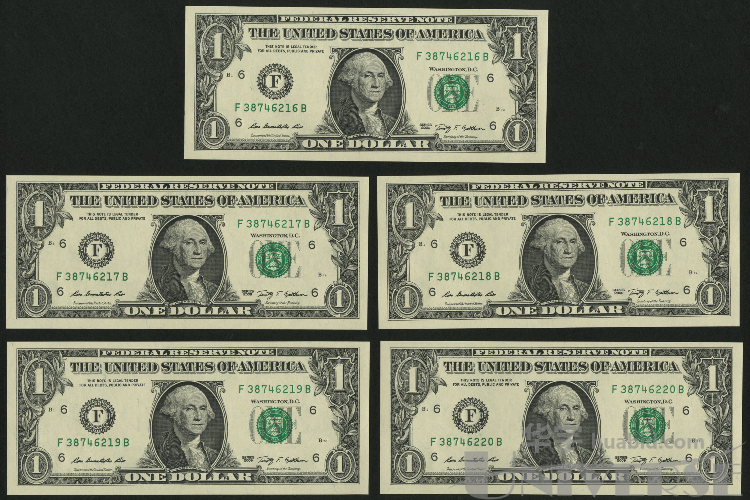 2009年美国f版1美元五枚,连号(38746216~38746220)