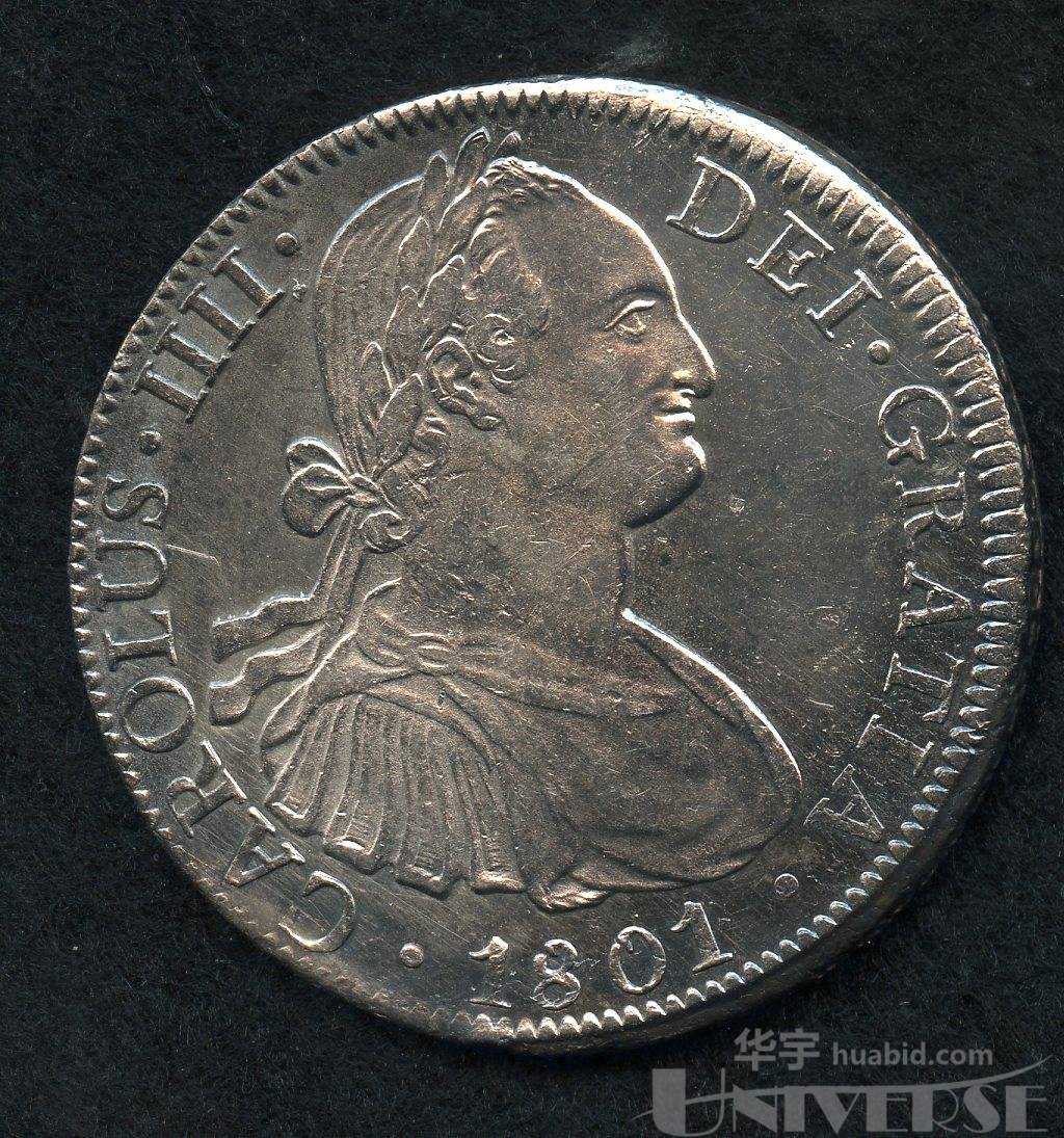 1801年西班牙雙柱人像幣8R銀幣1枚-钱币、纸钞、杂项-华宇HuaBid