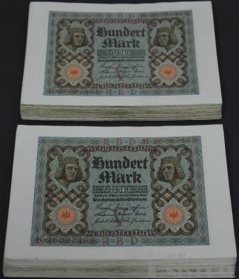 1920年德國舊馬克紙幣100馬克100枚，八至九五新，-纸钞、钱币、翡翠