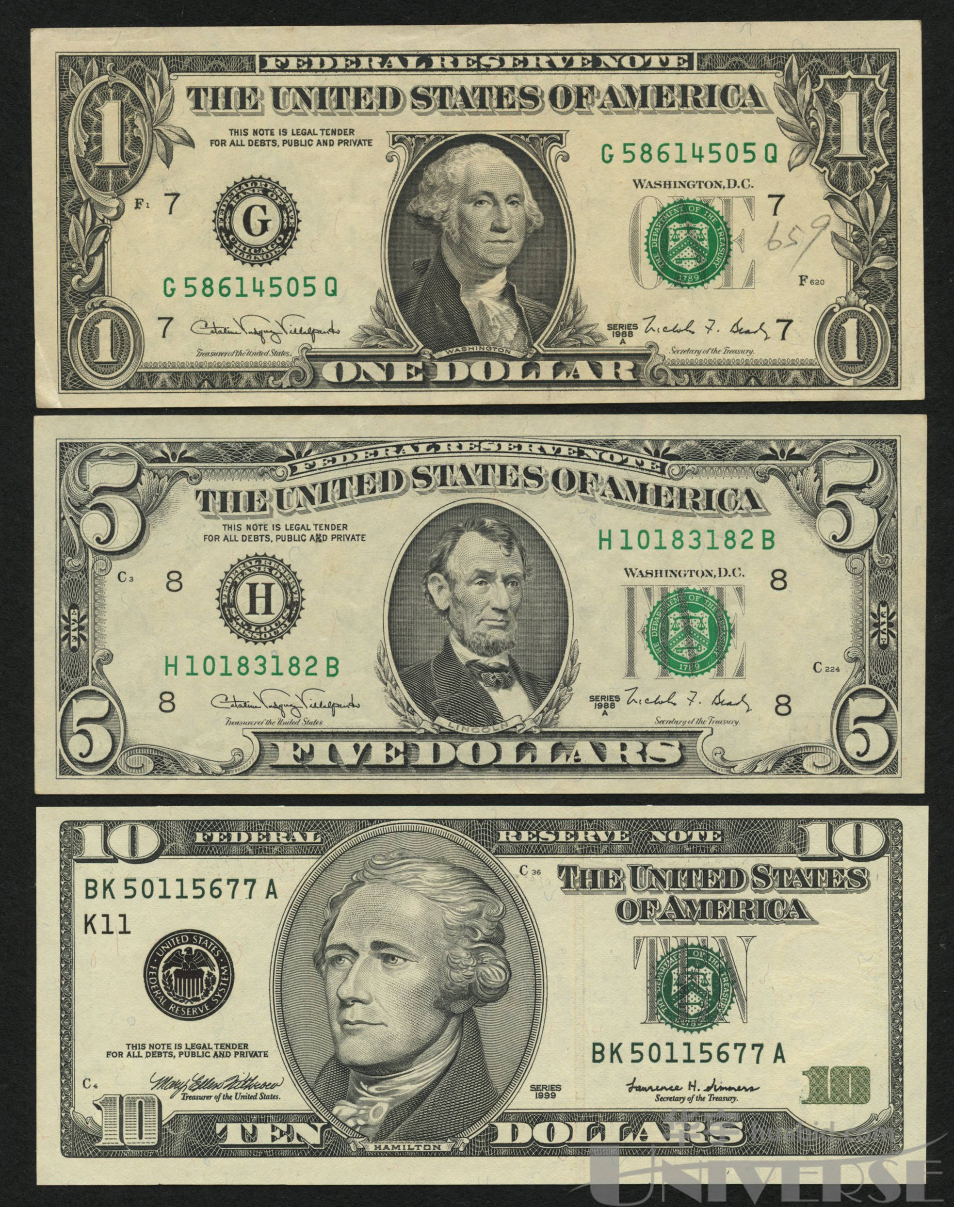 1988,99年美国1~10美元各一枚,共三枚
