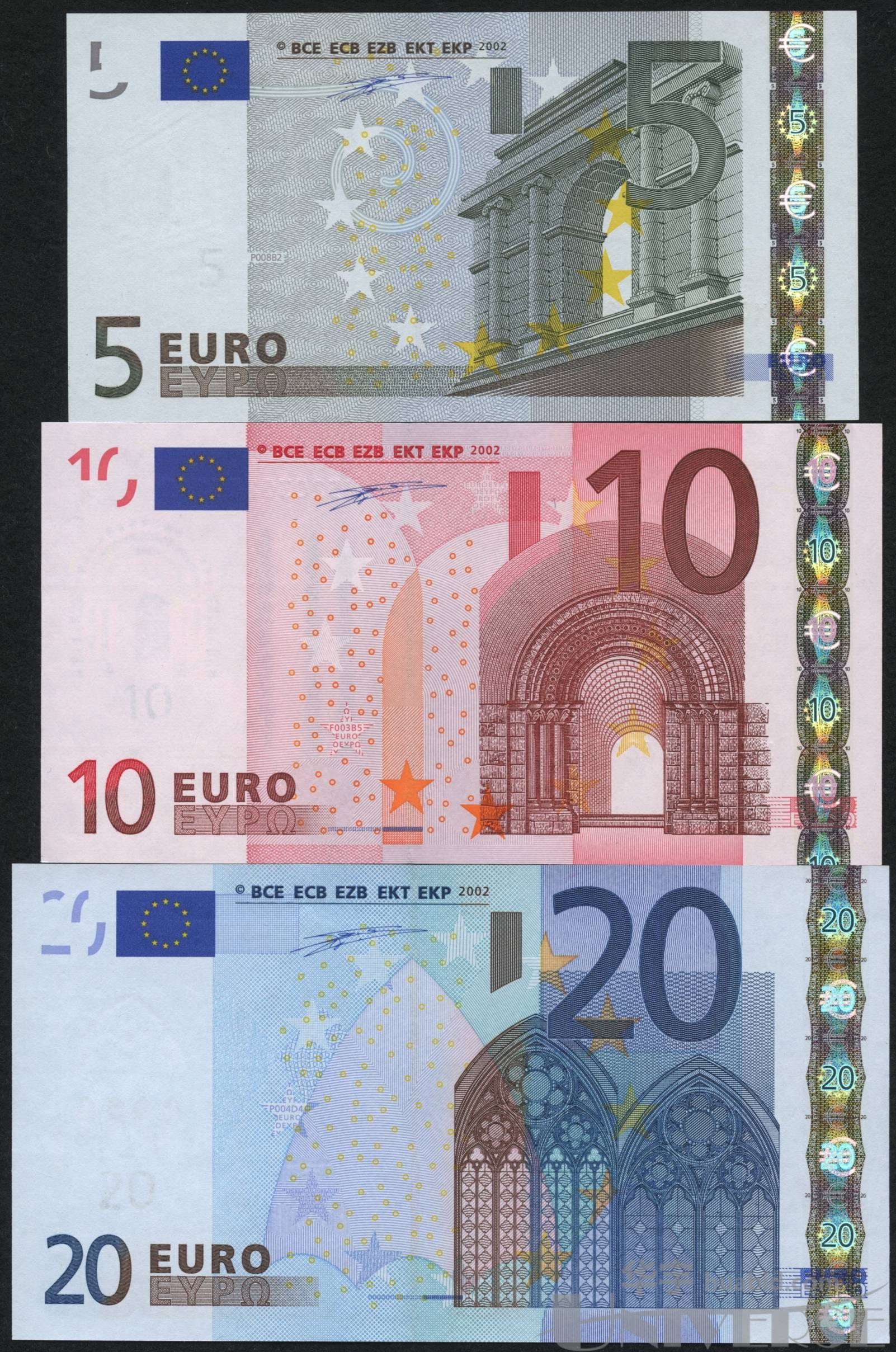 2002年欧洲中央银行5~20欧元各一枚,共三枚