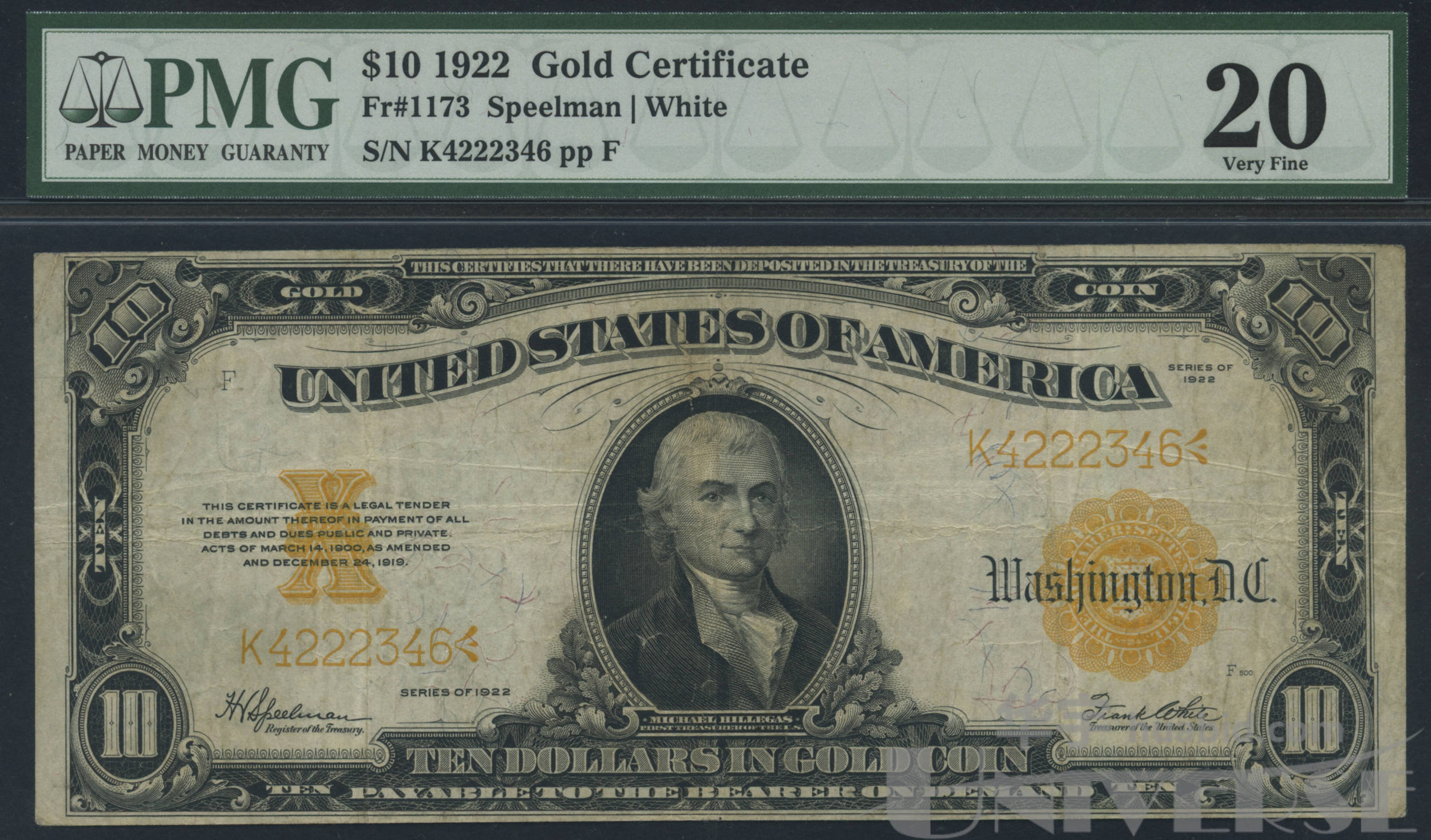 1922年美国黄金券10美元一枚,pmg 20