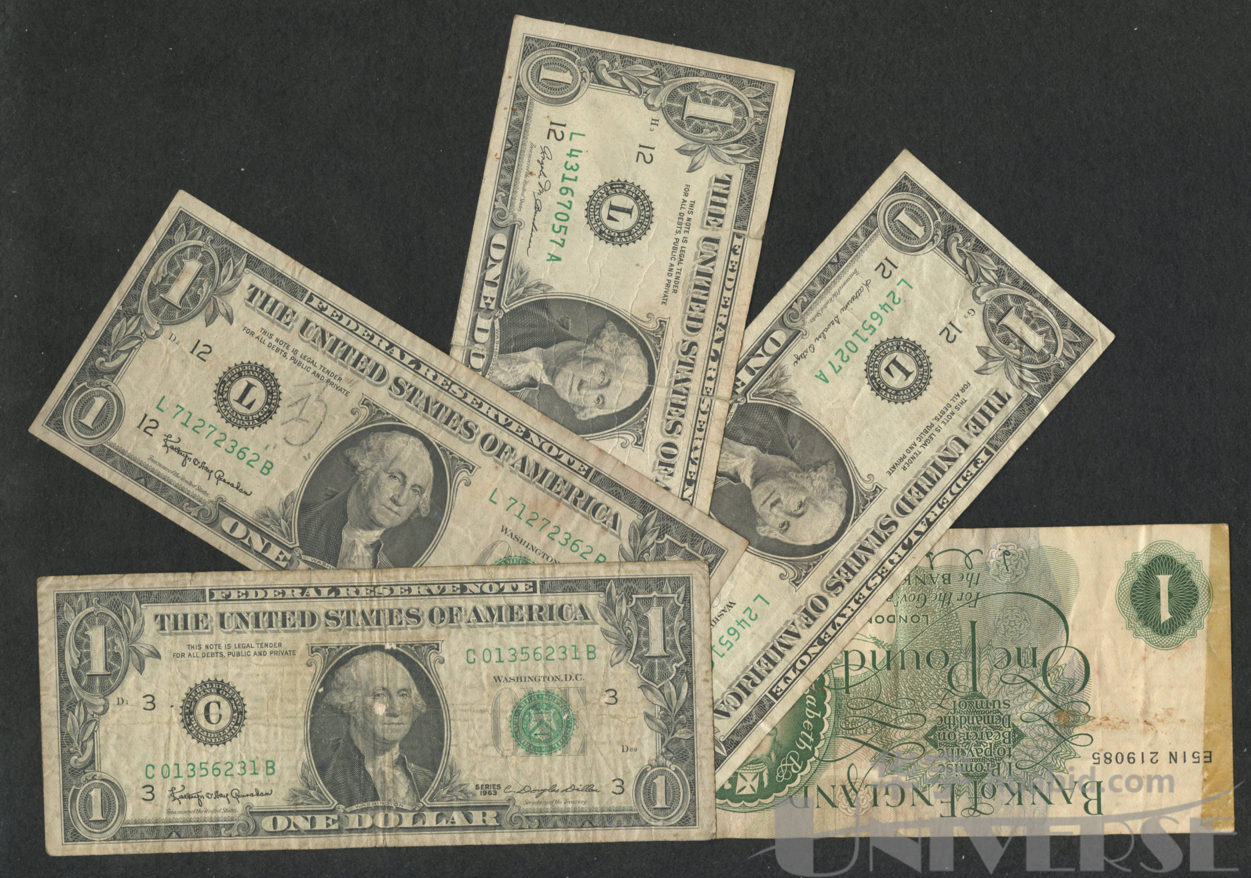1963～85年美国1美元四枚,英国1英镑一枚,共五枚