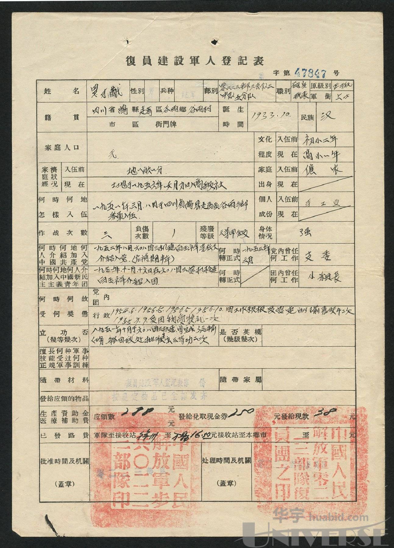 1956年上海市兵役局"兵役证"一件,1955年57年复员建设军人登记表三张.