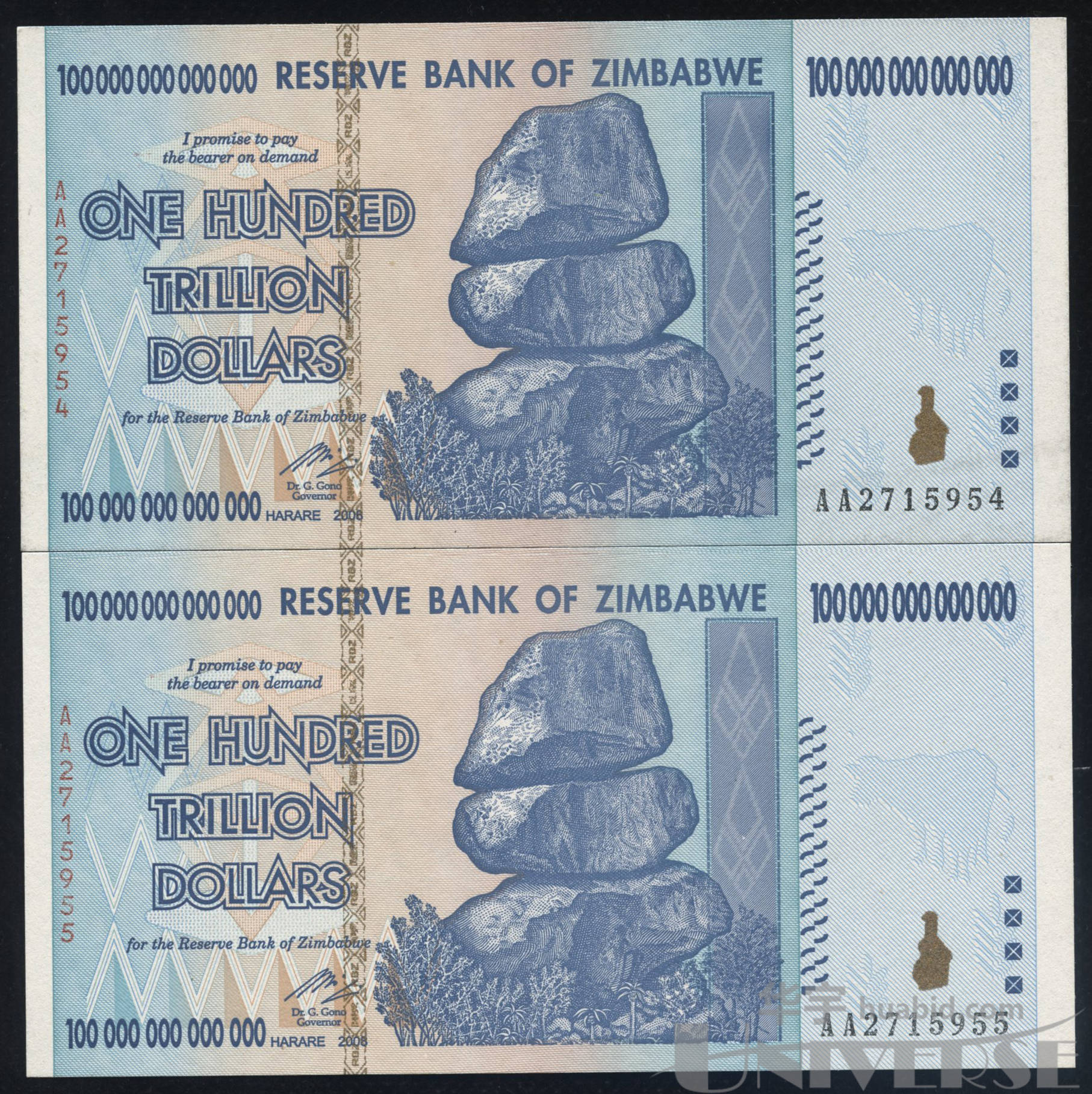 2008年津巴布韦100万亿津元2枚,连号
